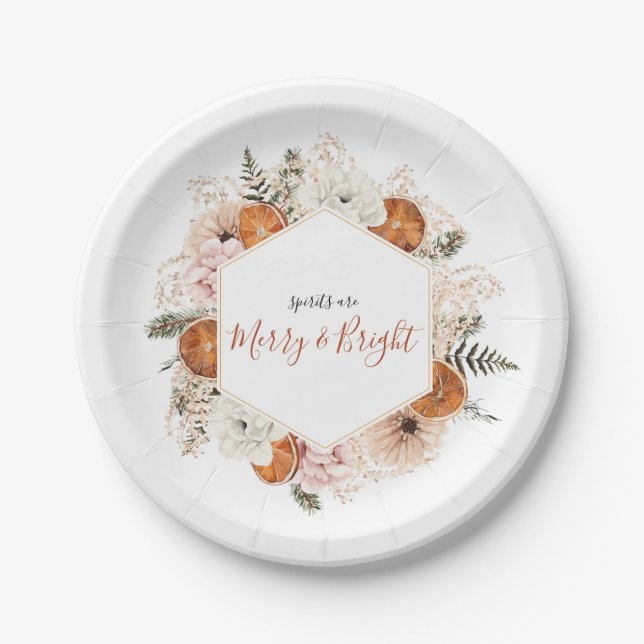 Rustic Citrus Wreath Merry and Bright Paper Plates (Front)