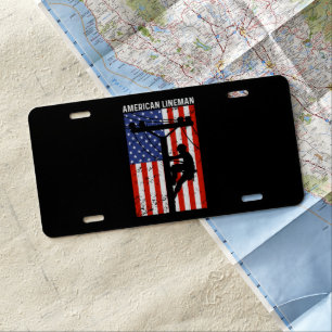 Rustic Classic American Lineman USA Flag License Plate