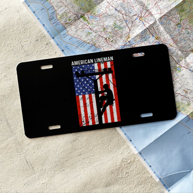 Rustic Classic American Lineman USA Flag License Plate (In Situ)