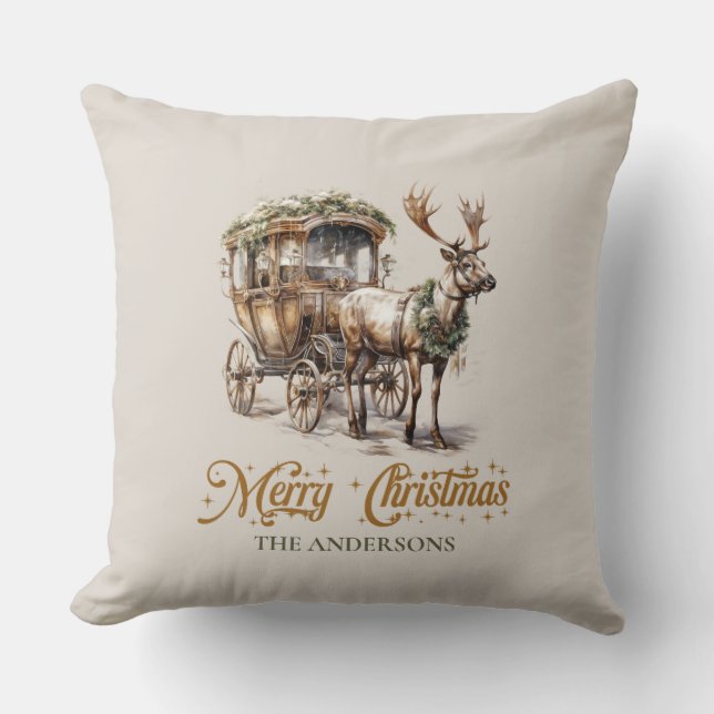 Rustic classic deep green and gold Reindeer sleigh Throw Pillow (Front)