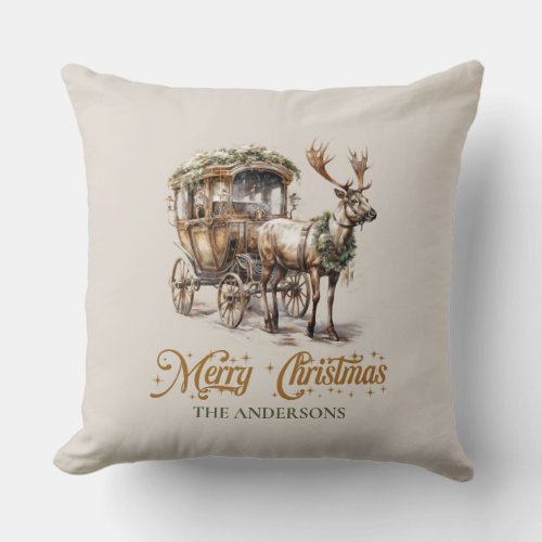 Rustic classic deep green and gold Reindeer sleigh Throw Pillow