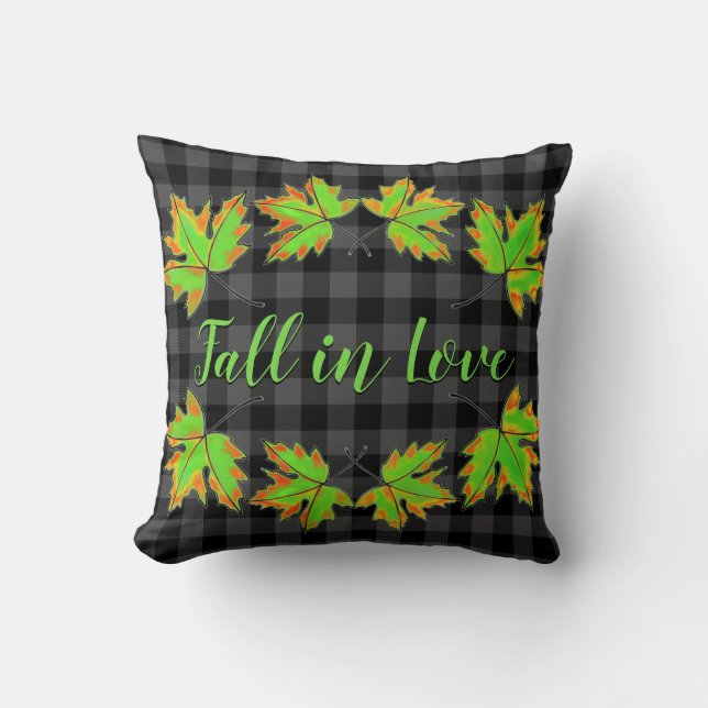 Rustic classic gray plaid maple leaves throw pillow (Front)
