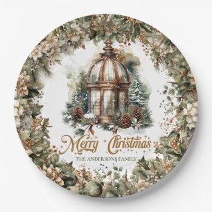 Rustic classic green and gold Christmas lantern Paper Plates