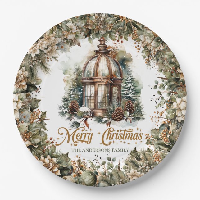 Rustic classic green and gold Christmas lantern Paper Plates (Front)