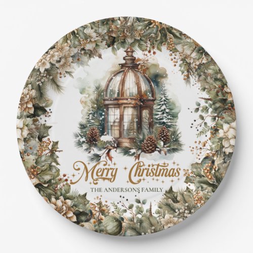 Rustic classic green and gold Christmas lantern Paper Plates