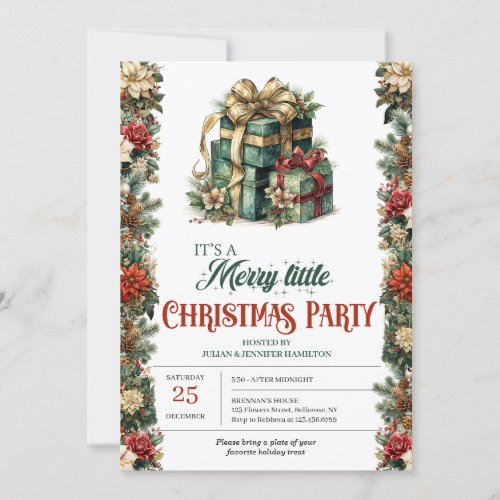 Rustic classic greenery and gold Christmas present Invitation