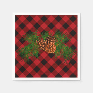 Rustic classic red plaid, green pine cone napkins