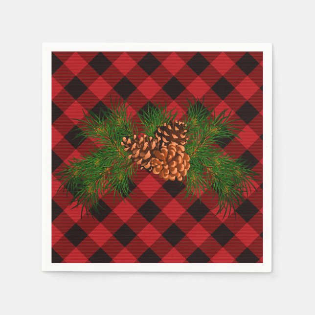 Rustic classic red plaid, green pine cone napkins (Front)