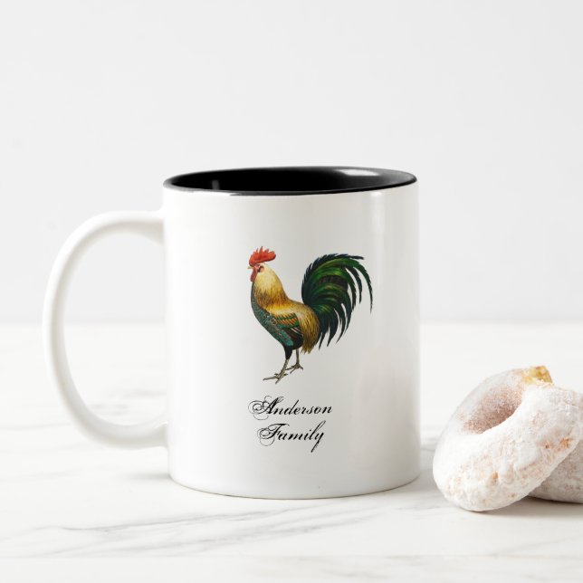Rustic classic rooster family name personalized  Two-Tone coffee mug (With Donut)