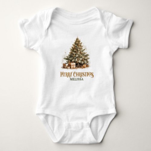 Rustic classic sage green and gold Christmas tree  Baby Bodysuit