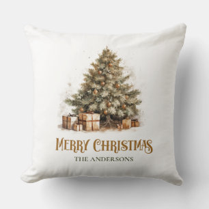 Rustic classic sage green and gold Christmas tree Throw Pillow