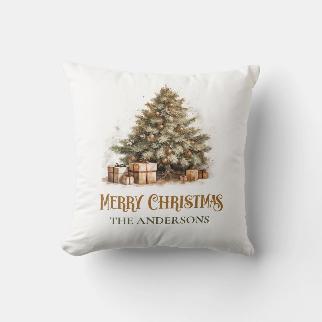 Rustic classic sage green and gold Christmas tree  Throw Pillow (Front)