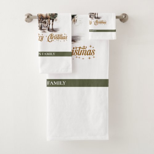 Rustic classic sage green and gold Reindeer sleigh Bath Towel Set