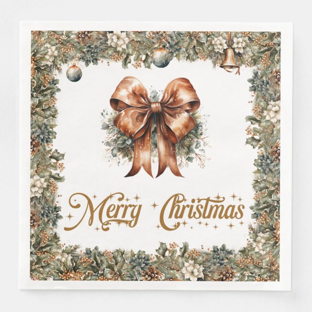 Rustic classic sage green gold Christmas ribbon Paper Dinner Napkins (Front)