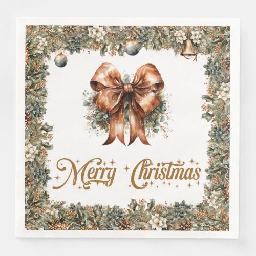 Rustic classic sage green gold Christmas ribbon Paper Dinner Napkins