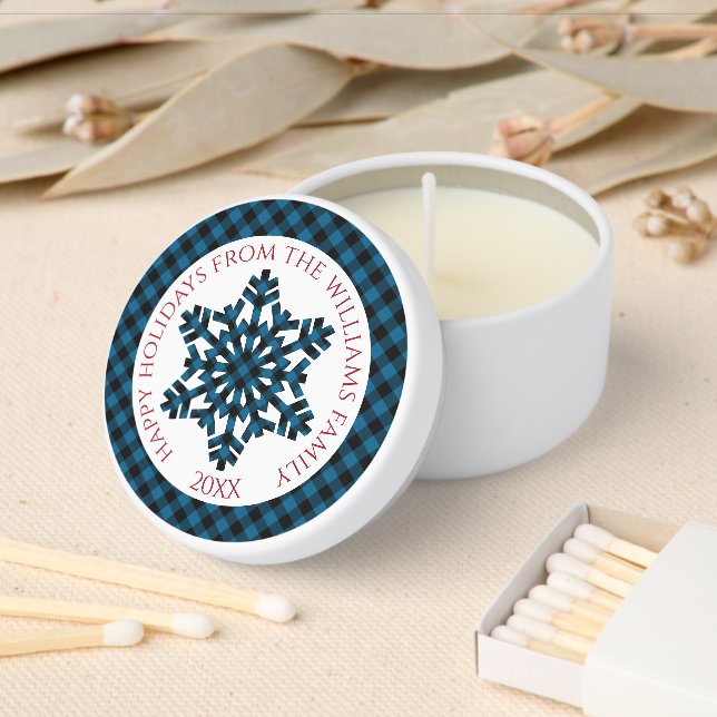 Rustic Classy Blue Black Tartan Checks Snowflakes Mini Candle Favors (Insitu)