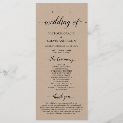 Rustic Classy Brown Kraft Wedding Ceremony Program