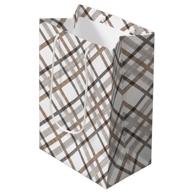 Rustic Classy Elegant Neutral Plaid Pattern Medium Gift Bag (Front Angled)