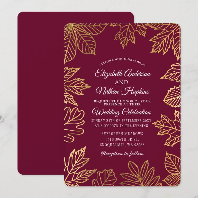 Rustic Classy Gold Cranberry Autumn Leaves Wedding Invitation (Front/Back)