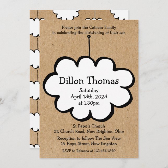 Rustic Cloud on a String Christening Baptism Invitation (Front/Back)