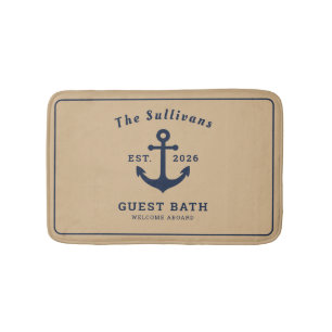 Rustic Coastal Anchor Navy Tan Custom Name Bath Mat