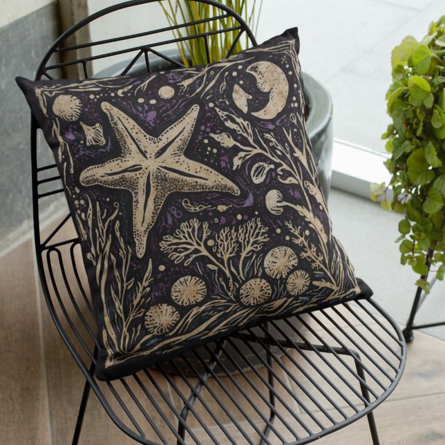 Rustic Coastal Art Nouveau Starfish Underwater Throw Pillow (Creator Uploaded)