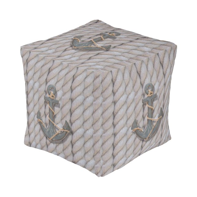 rustic coastal beach nautical rope ship and anchor pouf (Angled Front)
