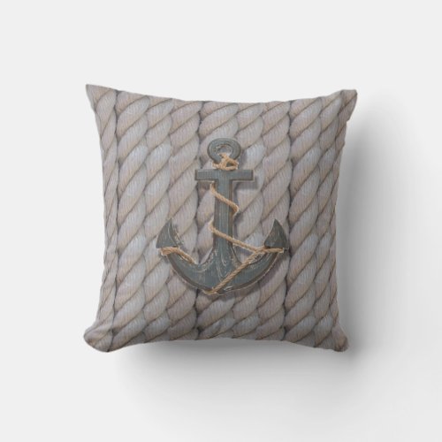 rustic coastal beach nautical rope ship and anchor throw pillow