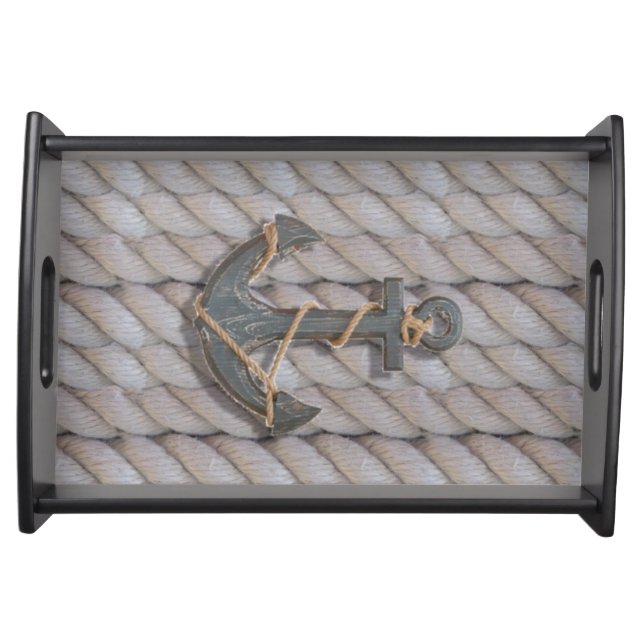 rustic coastal beach nautical rope wood anchor serving tray (Front)