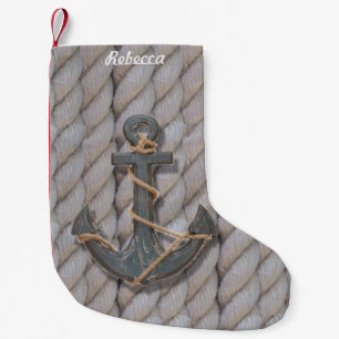 rustic coastal beach nautical rope wood anchor small christmas stocking