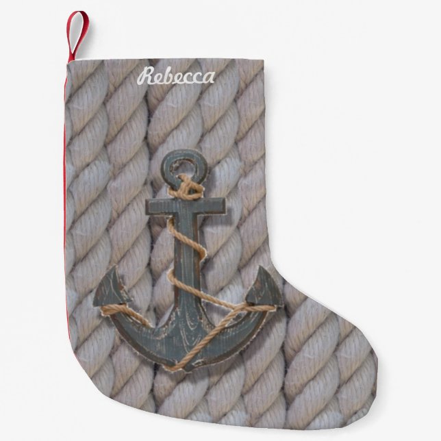 rustic coastal beach nautical rope wood anchor small christmas stocking (Front)