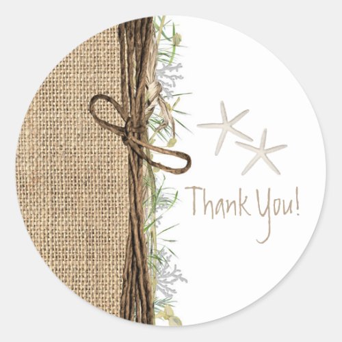 Rustic Coastal Beach Starfish Burlap  Greenery Classic Round Sticker