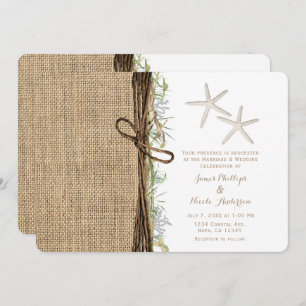 Rustic Coastal Beach Starfish Burlap & Greenery Invitation