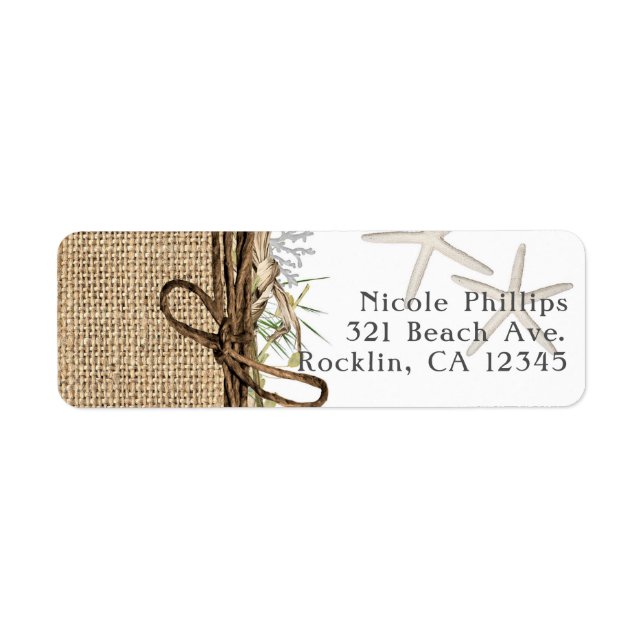 Rustic Coastal Beach Starfish Burlap & Greenery Label (Front)