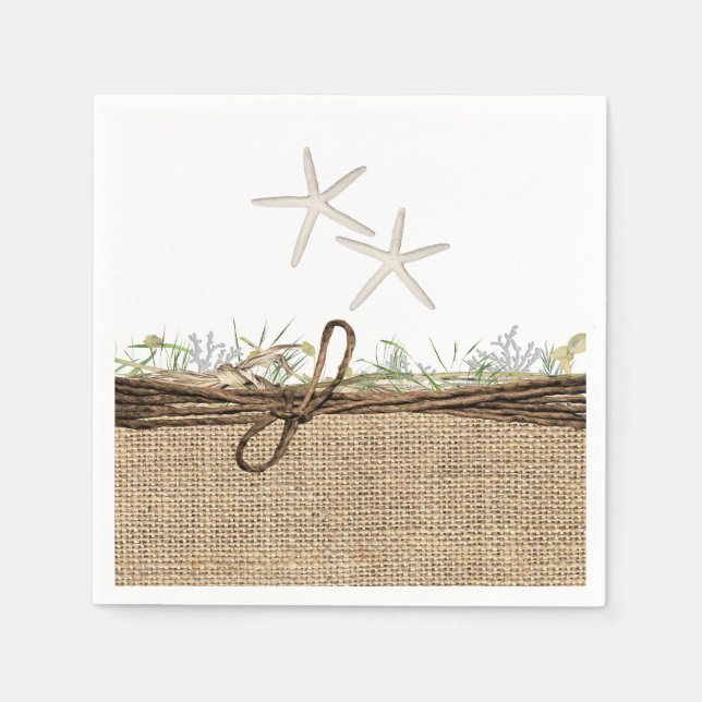 Rustic Coastal Beach Starfish Burlap & Greenery Napkins (Front)