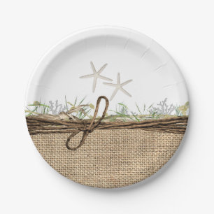 Rustic Coastal Beach Starfish Burlap & Greenery Paper Plates