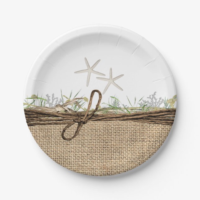 Rustic Coastal Beach Starfish Burlap & Greenery Paper Plates (Front)