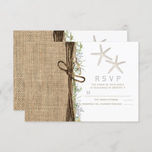 Rustic Coastal Beach Starfish Burlap Wedding RSVP Invitation