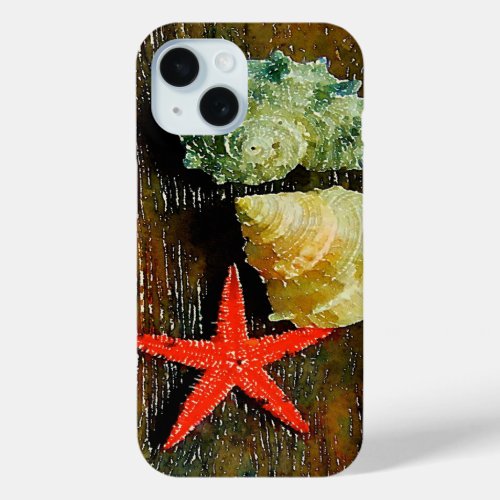 rustic coastal beach watercolor seashell starfish iPhone 15 case