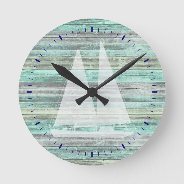 Rustic Coastal Decor Sailboat Round Clock (Front)