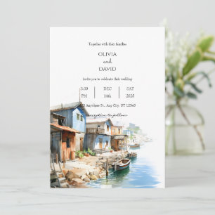 Rustic Coastal Fishing Village Shacks Wedding Invitation