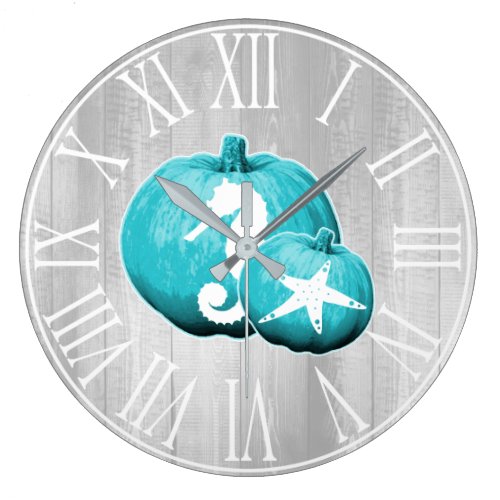 Rustic Coastal Gray Wood &amp; Blue Pumpkins Sealife Large Clock