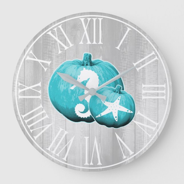 Rustic Coastal Gray Wood & Blue Pumpkins Sealife Large Clock (Front)