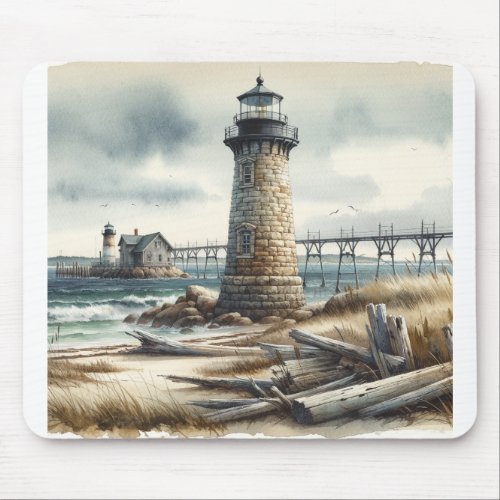 Rustic Coastal Lighthouse Seaside Beach Mouse Pad