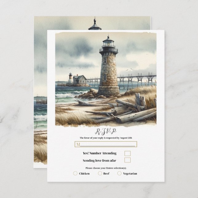 Rustic Coastal Lighthouse Seaside Beach RSVP Invitation (Front/Back)