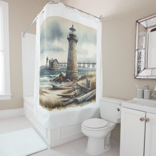 Rustic Coastal Lighthouse Seaside Beach Shower Curtain