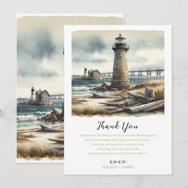 Rustic Coastal Lighthouse Seaside Beach Thank You Invitation (Front/Back)