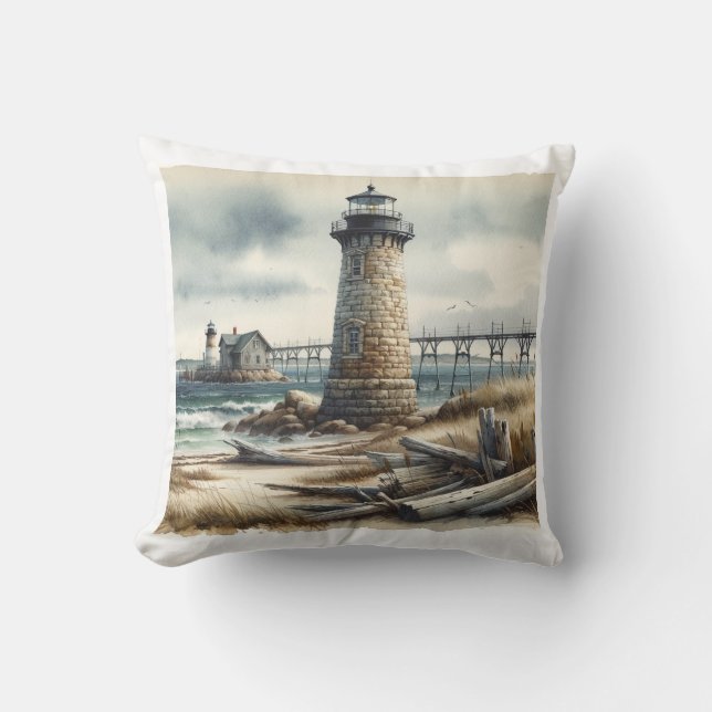 Rustic Coastal Lighthouse Seaside Beach Throw Pillow (Front)