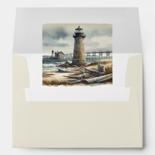 Rustic Coastal Lighthouse Seaside Beach Wedding Envelope (Back (Bottom))