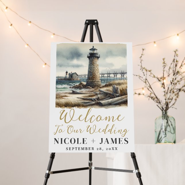Rustic Coastal Lighthouse Seaside Beach Wedding Foam Board (In Situ (Stand))